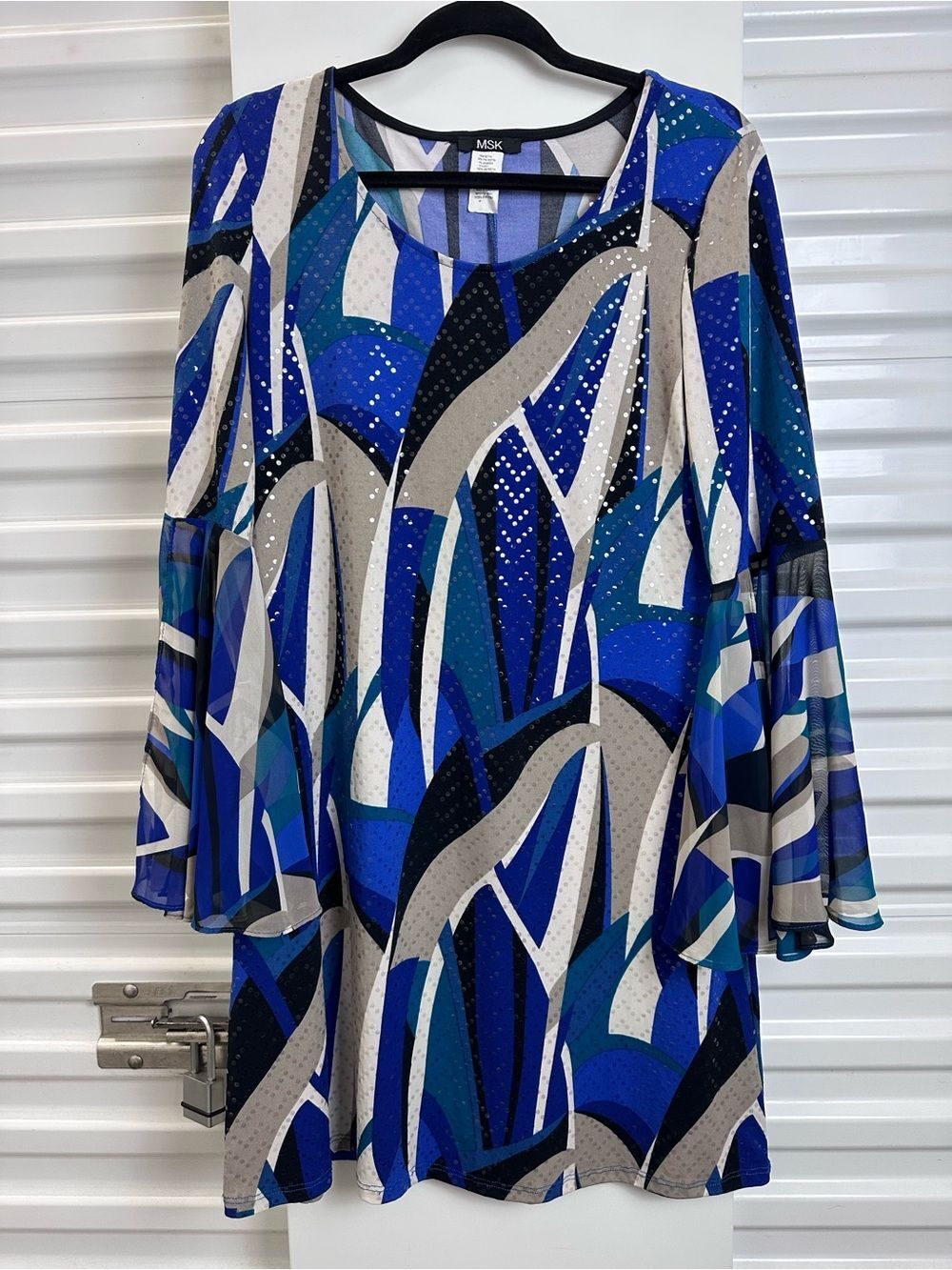 MSK Blue and Gray Abstract Bell-Sleeve Tunic